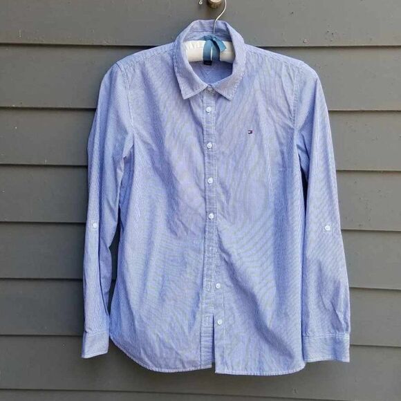 Tommy Hilfiger Blue White Stripe Classic Fit Shirt size Medium - Picture 1 of 12